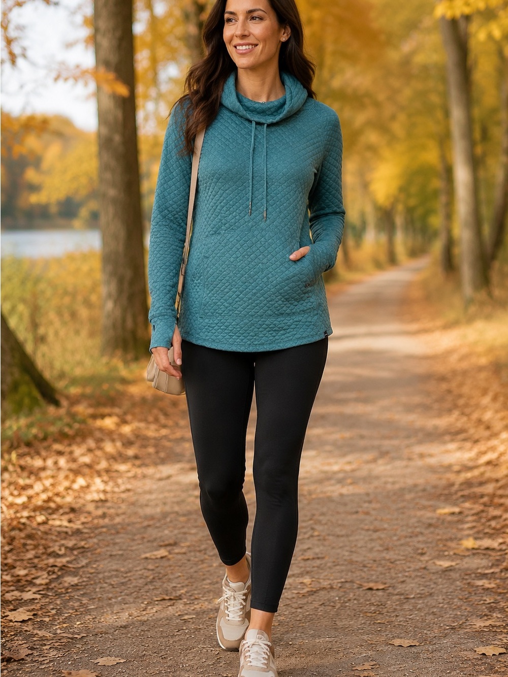 Teal Quilted Cowl Neck Pullover Sweatshirt Kangaroo Pocket Thumbholes Athleisure